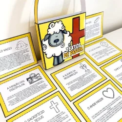 Material de Páscoa com tema cristão e símbolos religiosos.