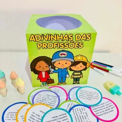 Jogo de adivinhas das profissões com crianças e cartas coloridas.