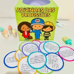 Jogo de adivinhas das profissões com personagens infantis coloridos.