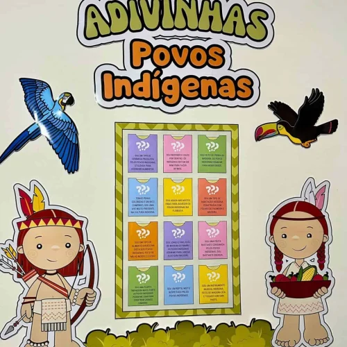 Ilustração de povos indígenas com animais e adivinhas educativas.