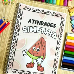 Caderno de atividades de simetria com personagem divertido e cores vibrantes.