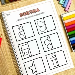 Atividades de simetria com desenhos para crianças na apostila pedagógica.