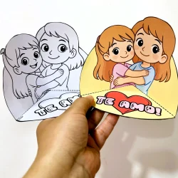 Atividade de artes com desenho de mãe e filha para o Dia das Mães.