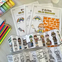Atividade educativa sobre o Dia do Trabalho com desenhos de profissões para crianças.