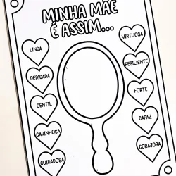 Atividade infantil com espelho e palavras que descrevem mães.