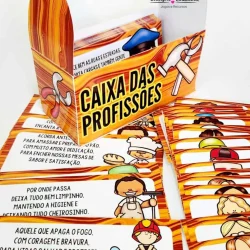 Caixa de profissões com desenhos de crianças e profissões variadas.