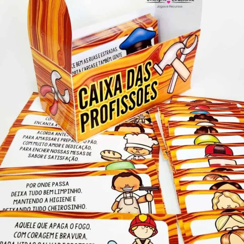 Caixa de profissões com desenhos de crianças e profissões variadas.
