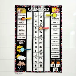 Calendário de parede interativo com cores vibrantes e dias do mês.