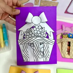 Cartão 3D com cesto de flores para o Dia das Mães.