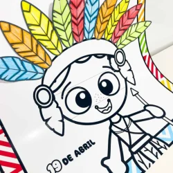 Desenho de criança indígena com penas coloridas na cabeça.