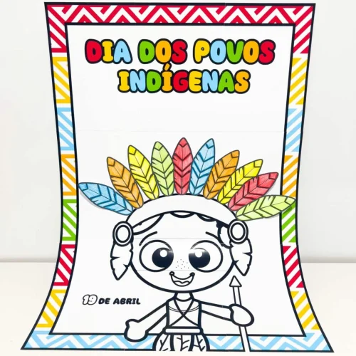 Cartaz colorido do Dia dos Povos Indígenas com personagem indígena e penas.