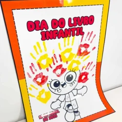 Cartaz colorido com desenho de criança e mãos pintadas para o Dia do Livro Infantil.