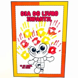 Cartaz colorido com mãos pintadas e personagem infantil para o Dia do Livro Infantil.