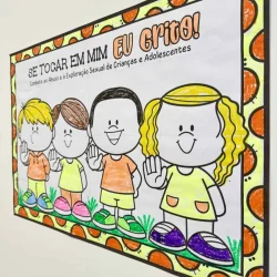 Cartaz colorido com desenhos de crianças e mensagem de conscientização.