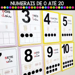 Cartaz educativo com numerais de 0 a 20 em cores vibrantes para crianças.