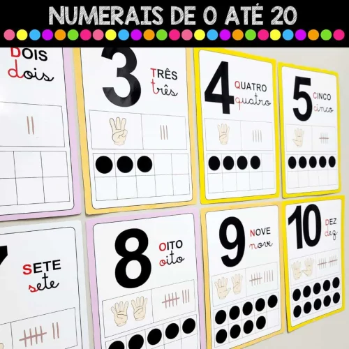 Cartaz educativo com numerais de 0 a 20 em cores vibrantes para crianças.
