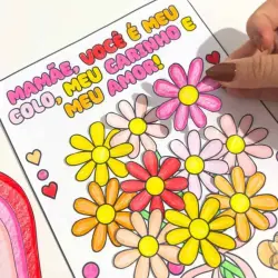 Cartão de colorir com mensagem para o Dia das Mães e flores coloridas.