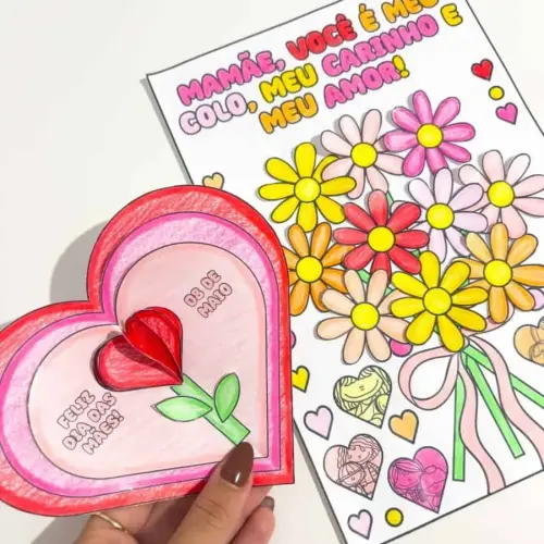 Cartões de Dia das Mães com flores e mensagens de amor para colorir.