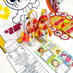 Decoração e lembrancinhas do Dia do Livro Infantil com personagens de desenhos.