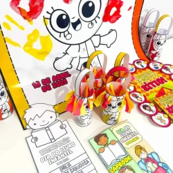 Material de atividades para o Dia do Livro Infantil com personagem de desenho animado.