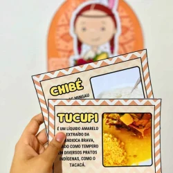 Cartões com informações sobre comidas indígenas brasileiras.