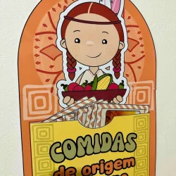 Ilustração de menina indígena com alimentos tradicionais.