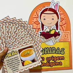 Ilustração de uma criança com roupas indígenas segurando uma tigela de comida.