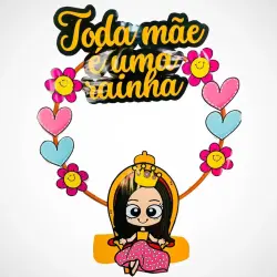 Decoração de bambolê com flores, corações e personagem de desenho animado.