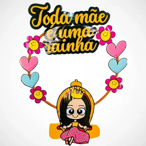 Decoração de bambolê com flores, corações e personagem de desenho animado.