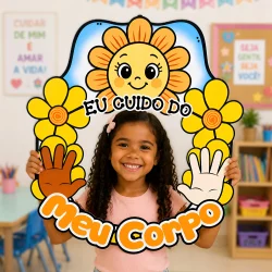 Criança sorridente segurando cartaz de decoração educativa.