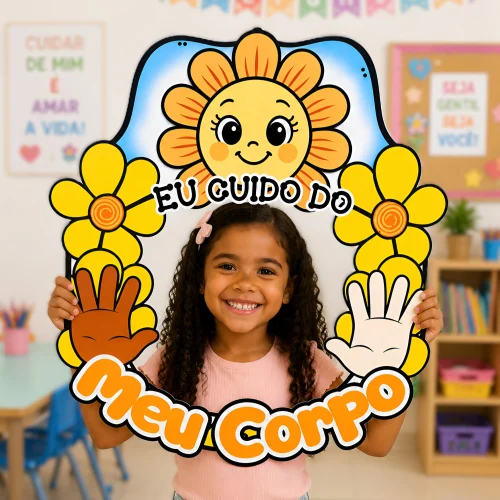 Criança sorridente segurando cartaz de decoração educativa.