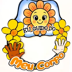 Decoração de bambolê com sol sorridente e flores coloridas para atividades infantis.
