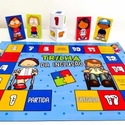 Jogo de tabuleiro com tema de inclusão e personagens diversos.