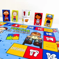 Jogo de tabuleiro com personagens diversos para inclusão escolar.