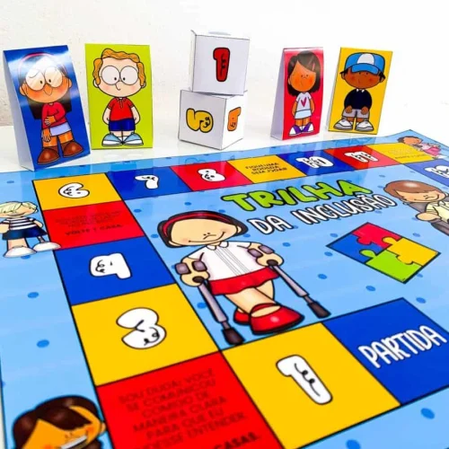 Jogo de tabuleiro inclusivo com personagens diversos e peças coloridas.