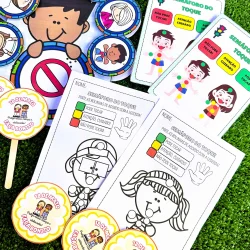 Material educativo para crianças com atividades de toque e cores.