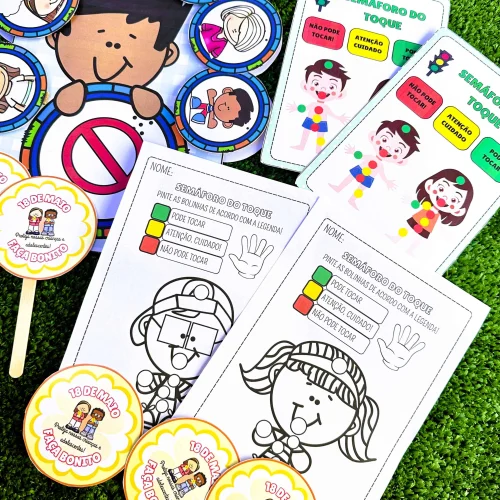 Material educativo para crianças com atividades de toque e cores.