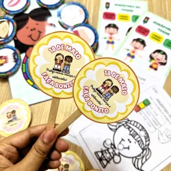 Atividades educativas do Kit Maio Laranja para crianças.