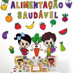 Crianças aprendendo sobre alimentação saudável com frutas e vegetais coloridos.