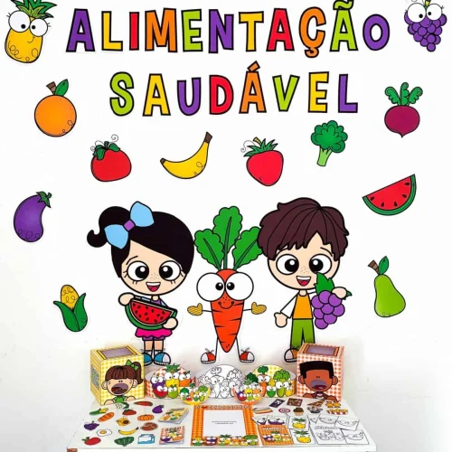 Crianças aprendendo sobre alimentação saudável com frutas e vegetais coloridos.