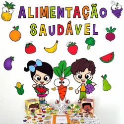 Ilustração de crianças com alimentos saudáveis e frutas coloridas.