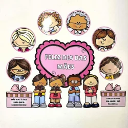 Ilustração de crianças e mães com mensagem de homenagem ao Dia das Mães.