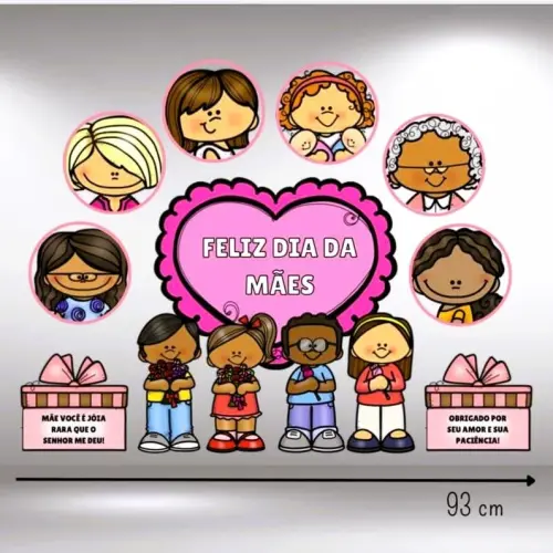 Ilustração de crianças comemorando o Dia das Mães com mensagem de agradecimento.