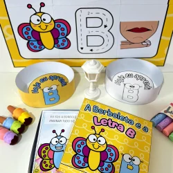 Kit educativo com cartaz, borboleta, letras B e atividades de aprendizagem.