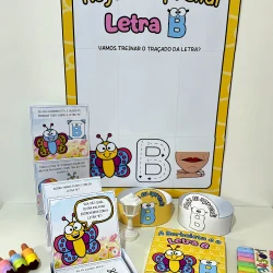 Material pedagógico para ensinar a letra B com borboleta e atividades de escrita.