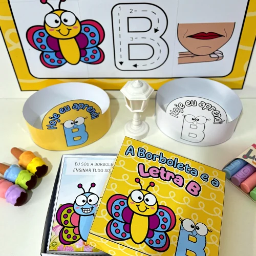 Material educativo com borboleta, letras e atividades para crianças.