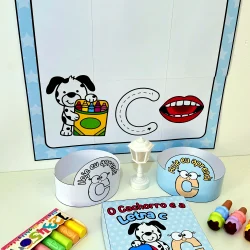 Material pedagógico com cachorro, letra C e atividades educativas para crianças.