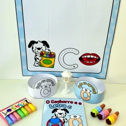 Imagem educativa com cachorro, letra C e objetos relacionados ao aprendizado infantil.