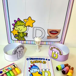 Atividades educativas com tema da letra D e dinossauro colorido.