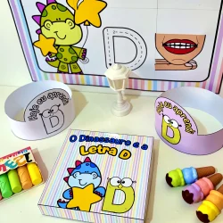 Material pedagógico com dinossauro e letra D para ensino infantil.